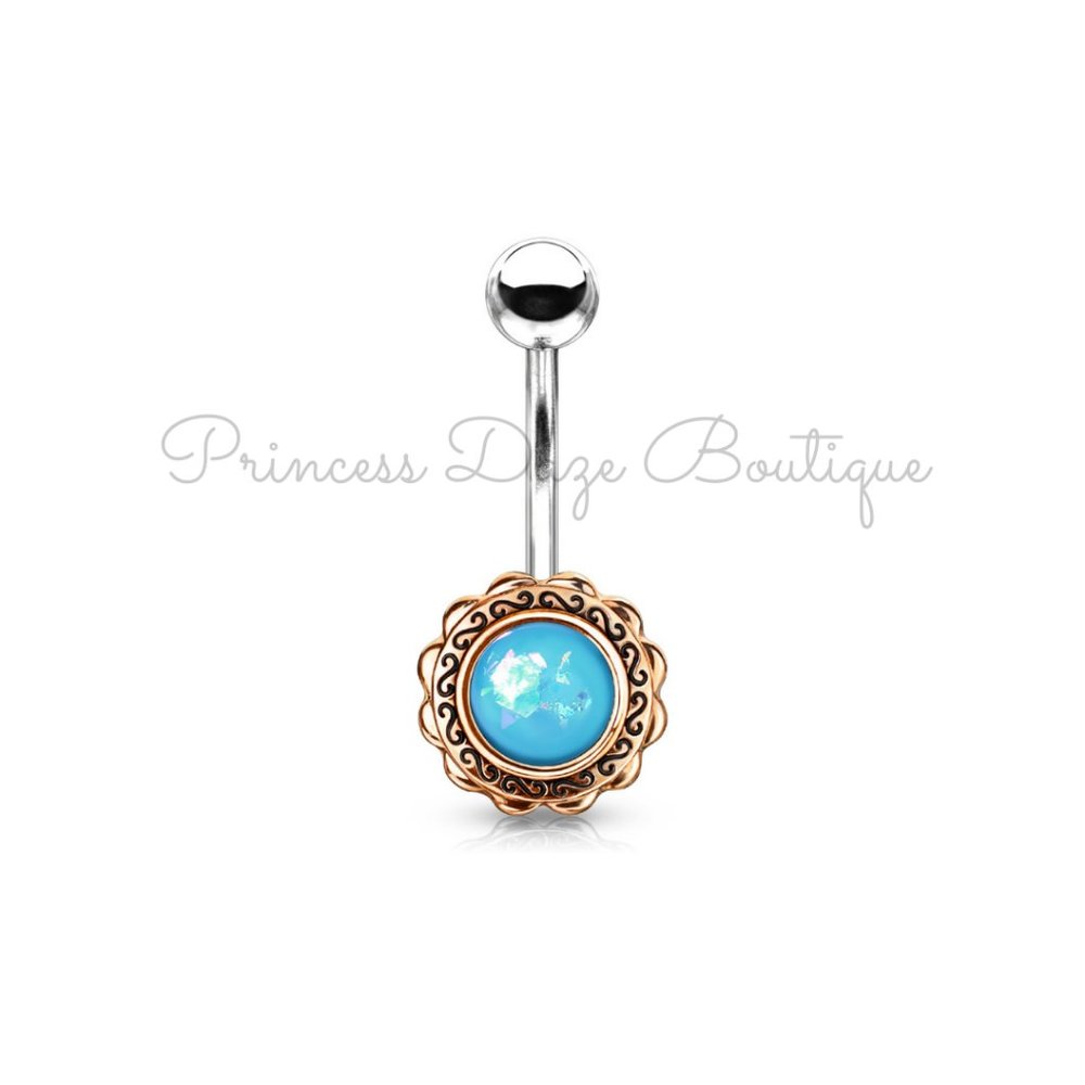 Rose‎ Gold Filigree Flower with Green Opal Glitter Center Belly Button Ring